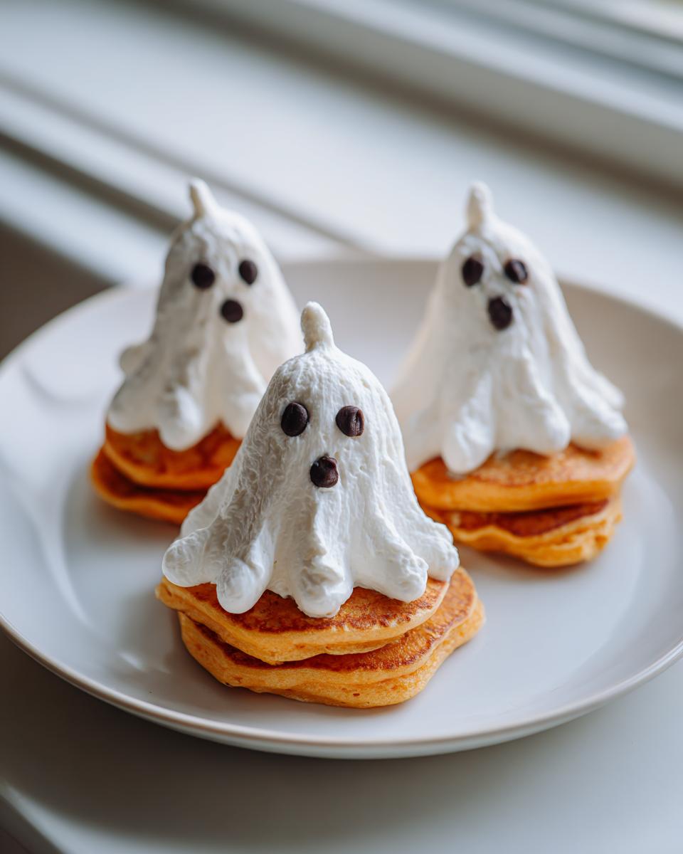 Three stacks of mini pancakes topped with whipped cream and chocolate chip eyes and mouths, resembling ghosts. A fun Halloween breakfast idea for kids.