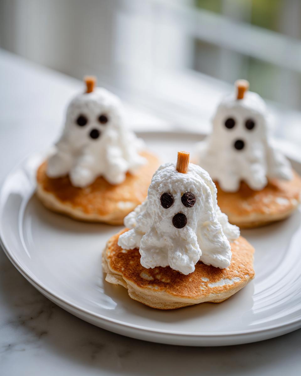 Three cute ghost-shaped pancakes decorated with whipped cream and chocolate chip eyes and mouths, part of fun Halloween breakfast ideas for kids.
