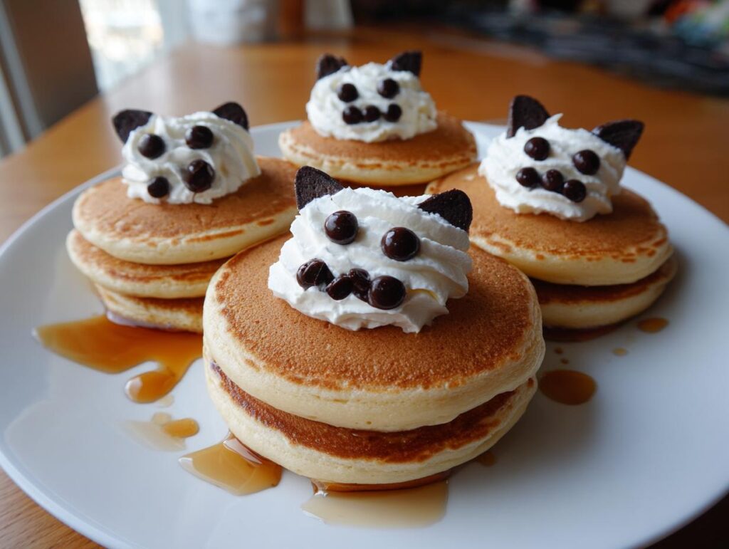 Stack of fluffy pancakes decorated to look like cat faces, part of Halloween breakfast ideas for kids.