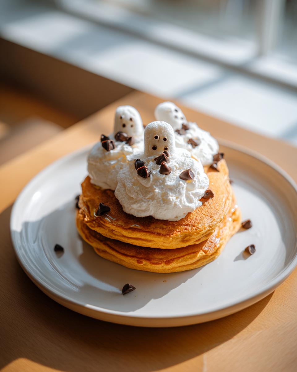 Stack of pumpkin pancakes topped with whipped cream ghosts and chocolate chip eyes, part of fun Halloween breakfast ideas for kids.