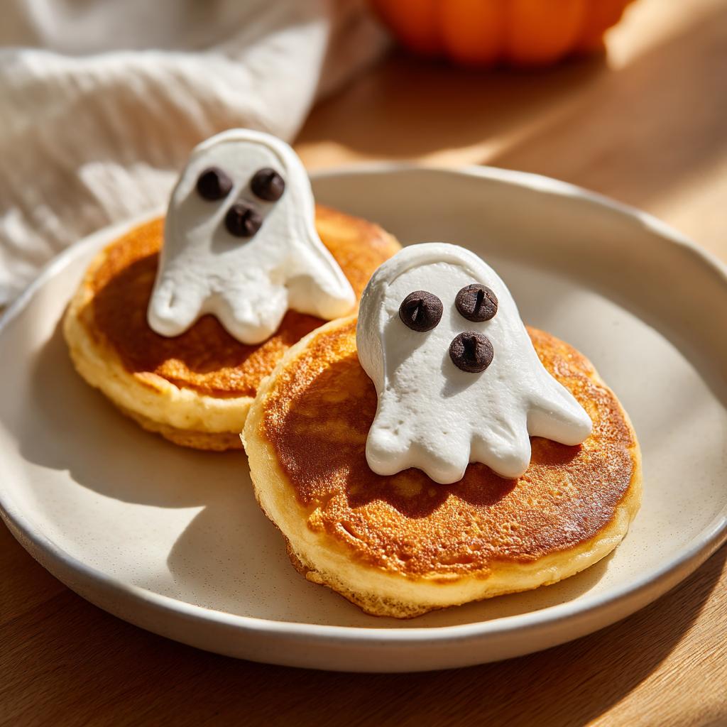 Two fluffy pancakes decorated with whipped cream ghosts and chocolate chip eyes, perfect for Halloween breakfast ideas for kids.