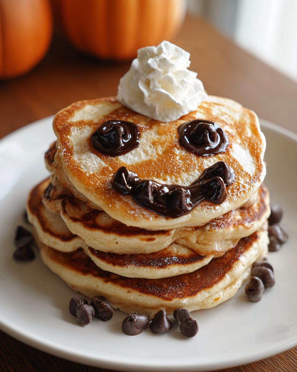 Stack of pancakes decorated to look like a jack-o'-lantern face, a fun Halloween breakfast idea for kids.