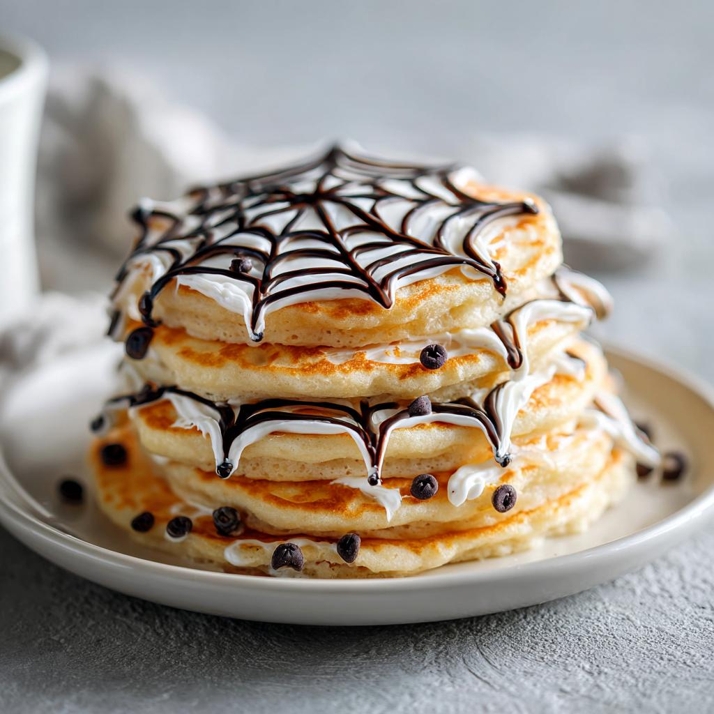 Stack of fluffy pancakes decorated with white frosting and chocolate syrup to look like a spiderweb, a fun Halloween breakfast idea for kids.