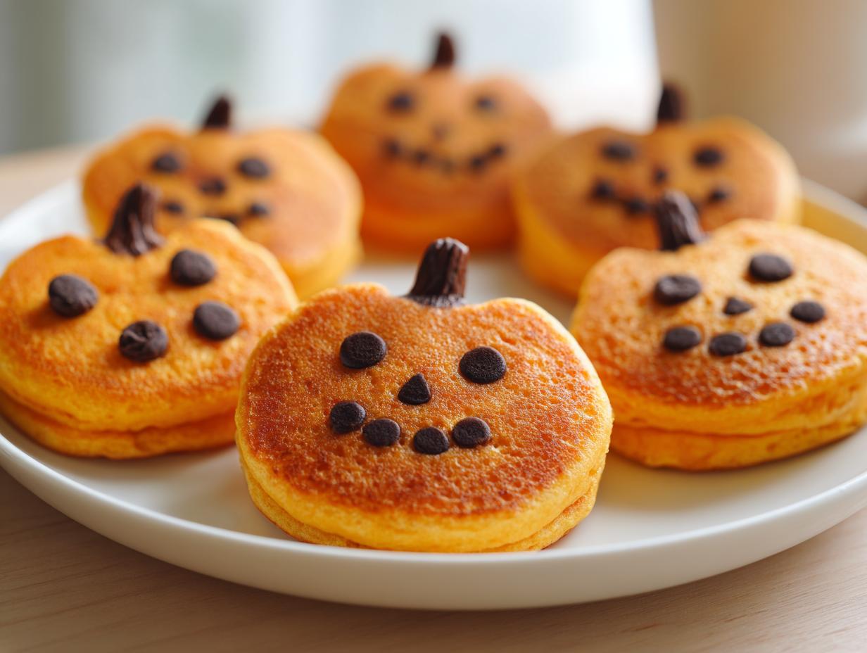 Close-up of pumpkin-shaped pancakes decorated with chocolate chips for Halloween breakfast ideas for kids.
