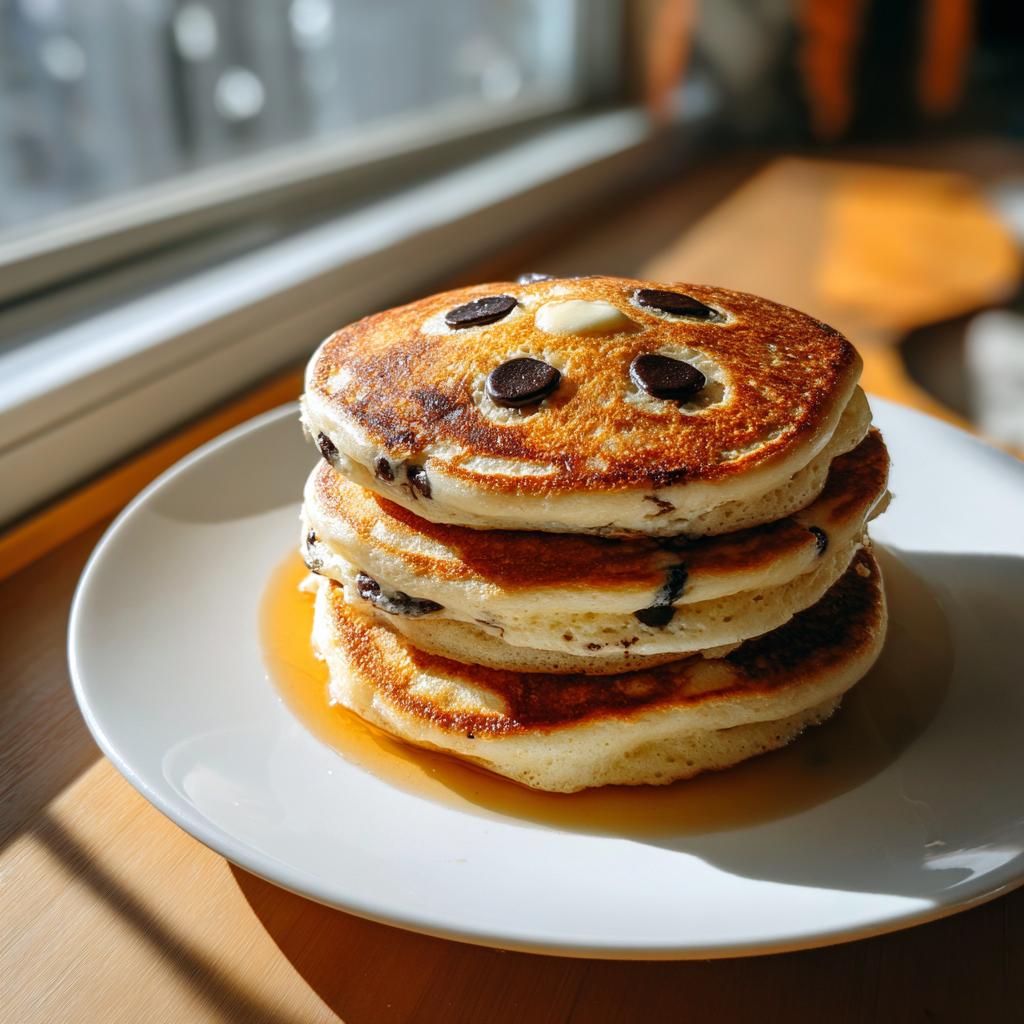 Stack of chocolate chip pancakes arranged to look like a face, a fun Halloween breakfast idea.