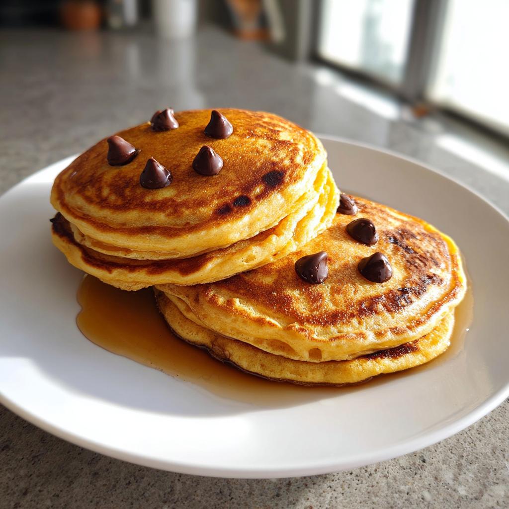 A stack of fluffy halloween breakfast pancakes topped with chocolate chips and drizzled with syrup.
