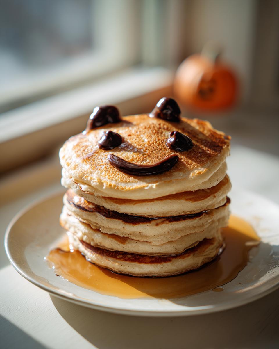 Stack of pancakes decorated to look like a face with chocolate for eyes, nose, and a smile, perfect for Halloween breakfast ideas.