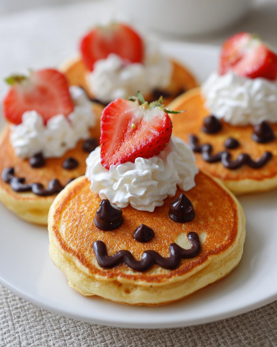 Stack of pancakes decorated as jack-o'-lanterns with chocolate faces and strawberry hats, perfect for Halloween breakfast ideas for kids.