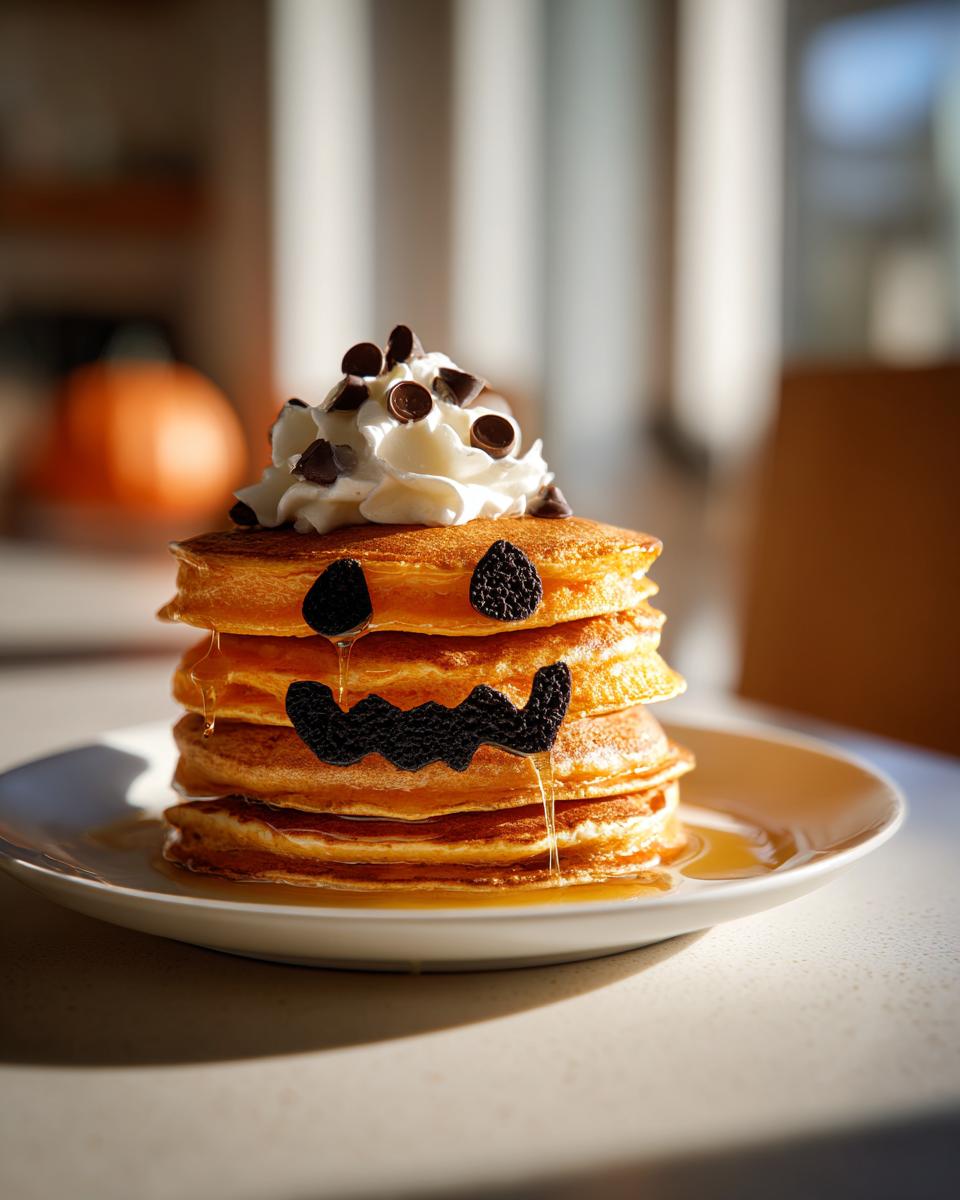 Stack of pancakes decorated to look like a jack-o'-lantern with whipped cream and chocolate chips, a fun Halloween breakfast idea for kids.