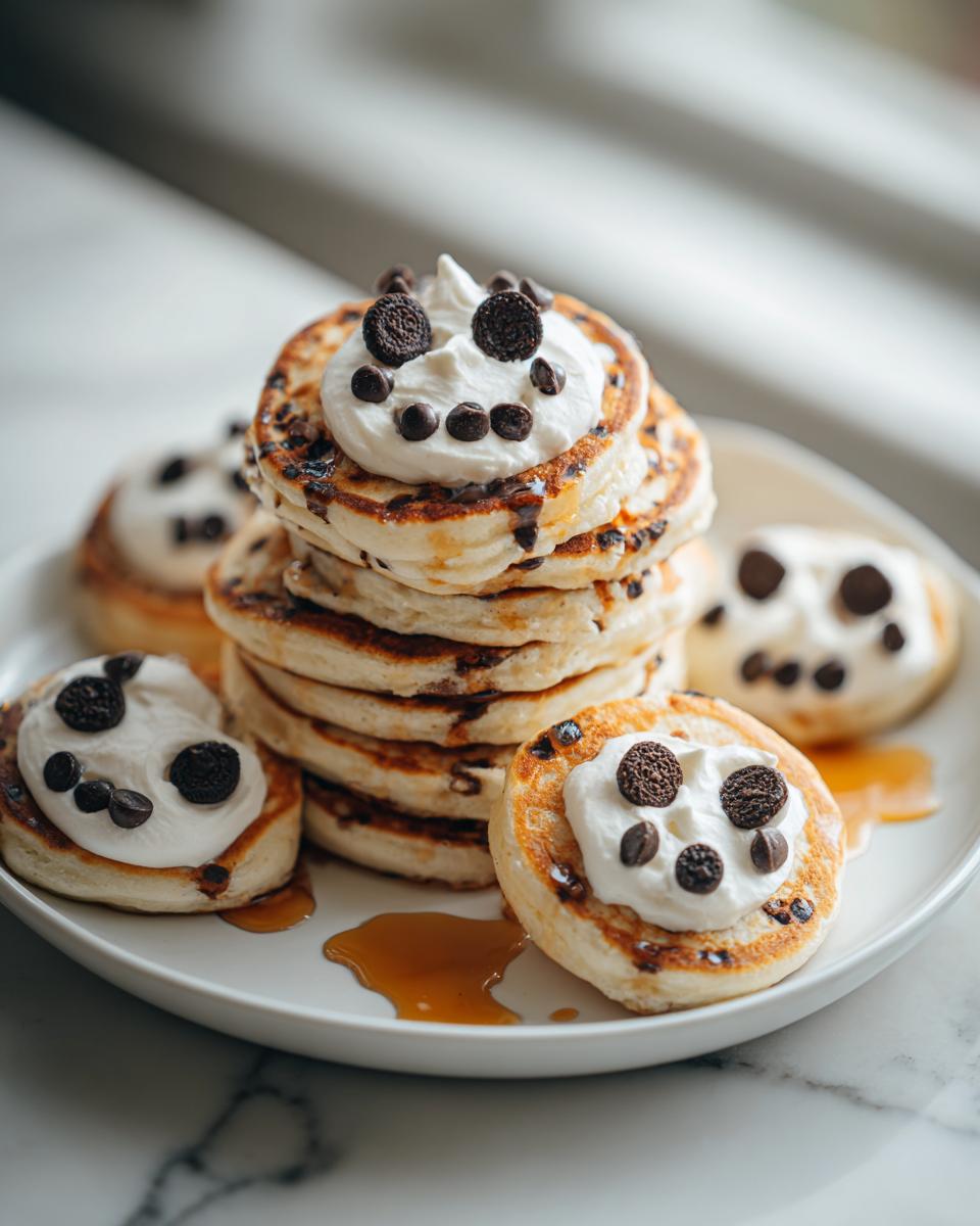 Stack of chocolate chip pancakes decorated with whipped cream and mini cookies to look like spooky faces for Halloween breakfast.