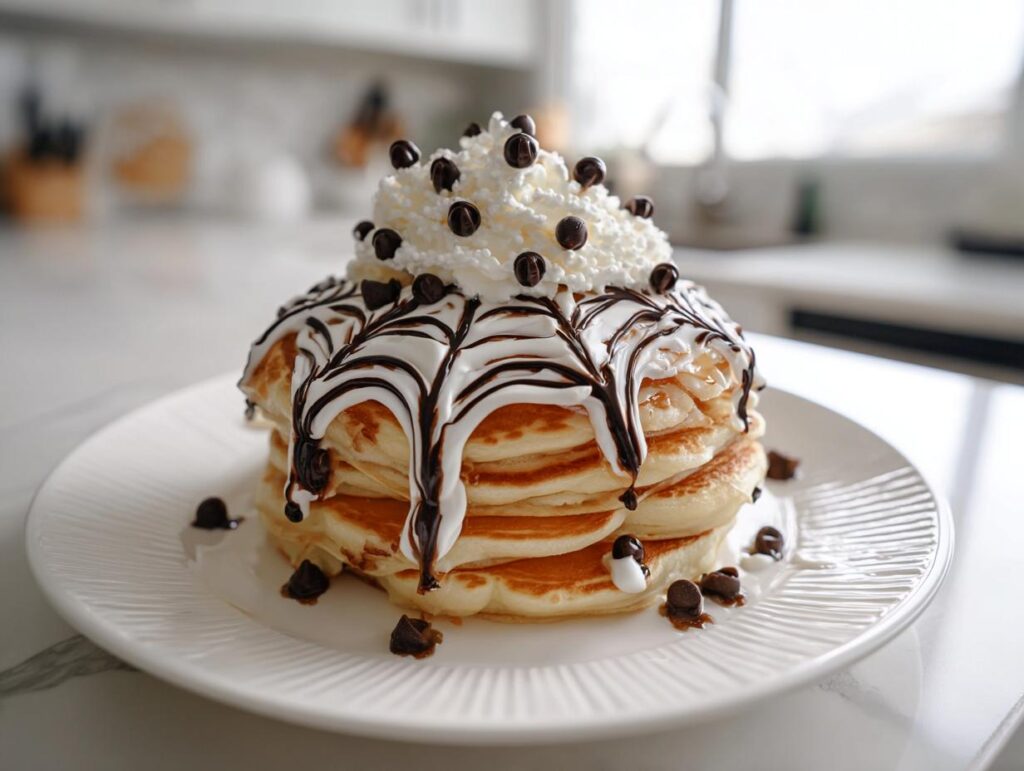 Stack of pancakes topped with whipped cream, chocolate drizzle, and chocolate chips, perfect for Halloween breakfast ideas for kids.