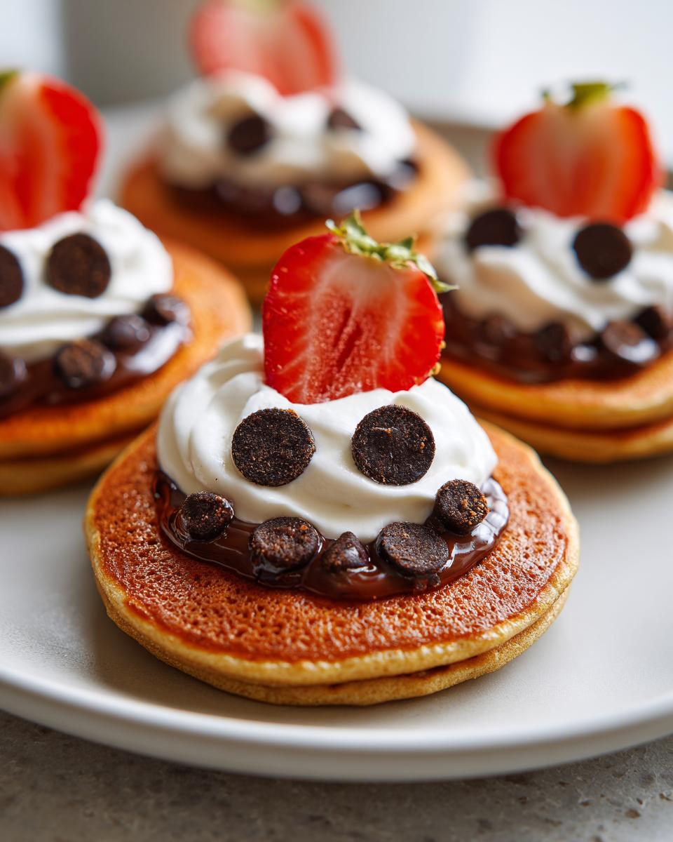 Stack of mini pancakes decorated as cute faces for Halloween breakfast ideas for kids, topped with whipped cream, chocolate chips, and strawberry halves.