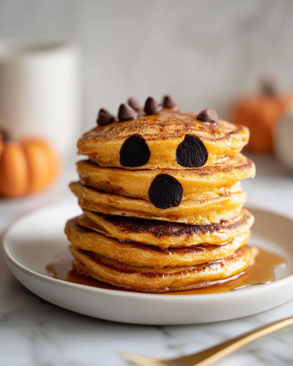 A stack of fluffy pumpkin pancakes decorated with chocolate chips to look like a monster face, perfect for a Halloween breakfast.