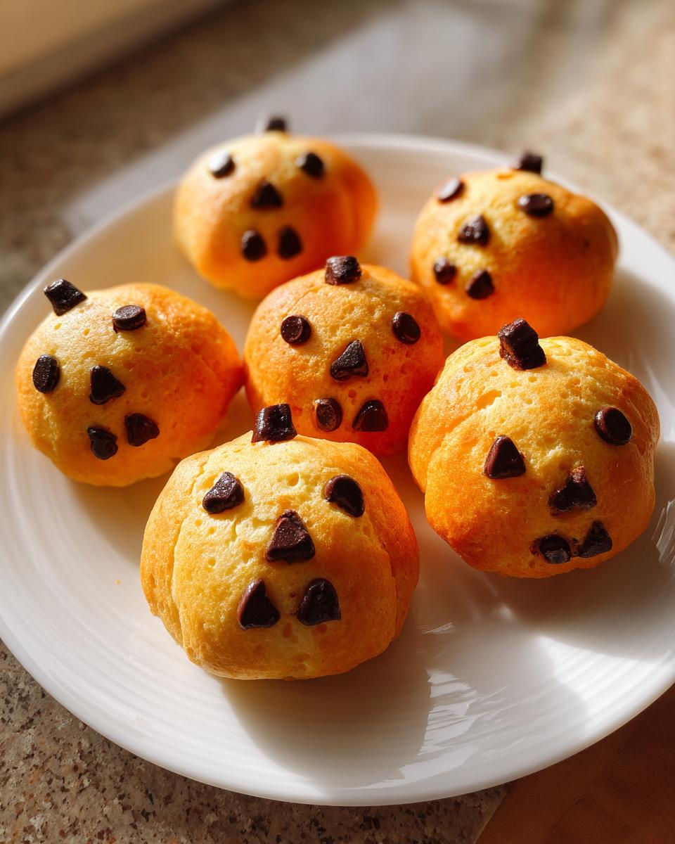 Six small, round pumpkin-shaped muffins decorated with chocolate chips for Halloween breakfast ideas for kids.