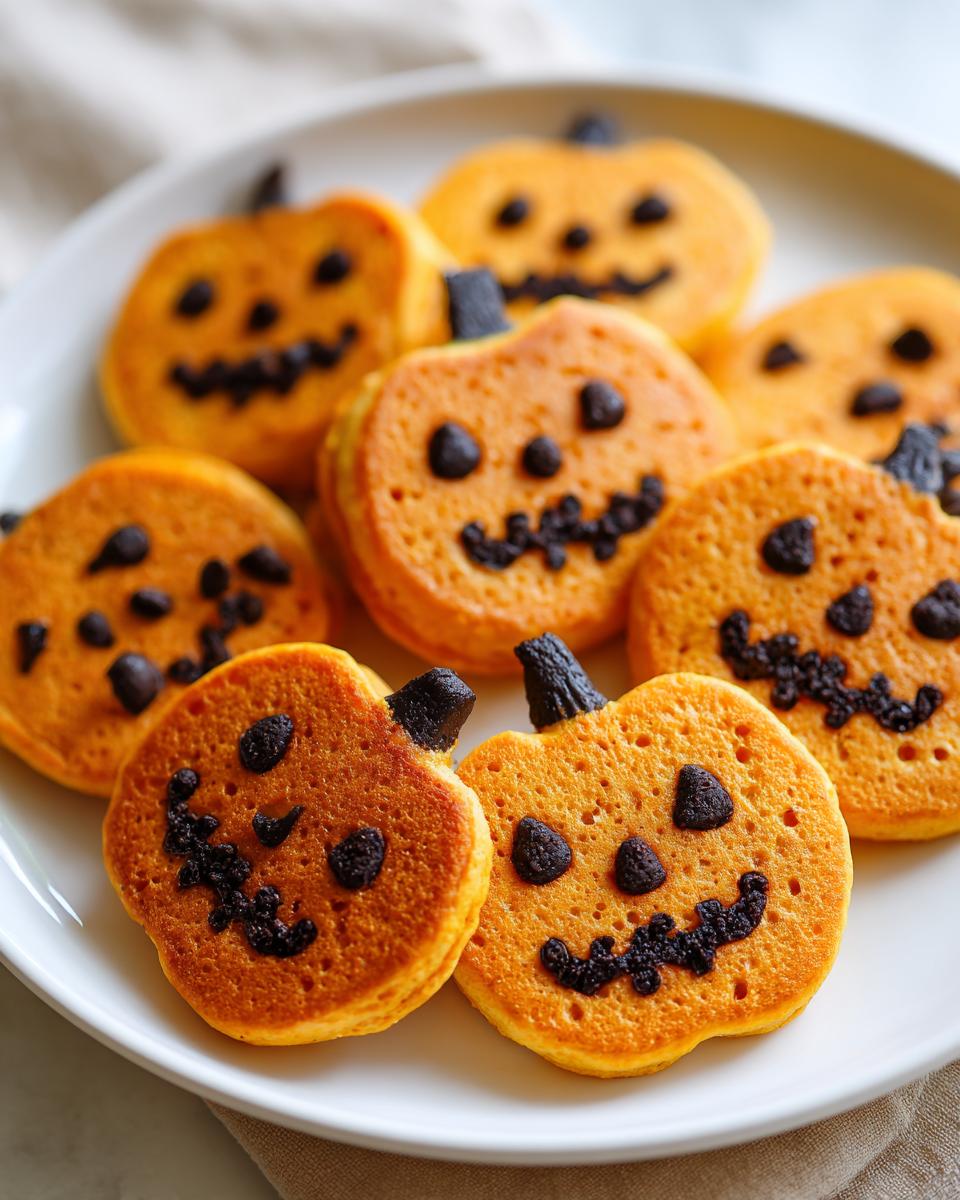 Close-up of pumpkin-shaped pancakes decorated with chocolate chips to look like jack-o'-lanterns, perfect for Halloween breakfast ideas.