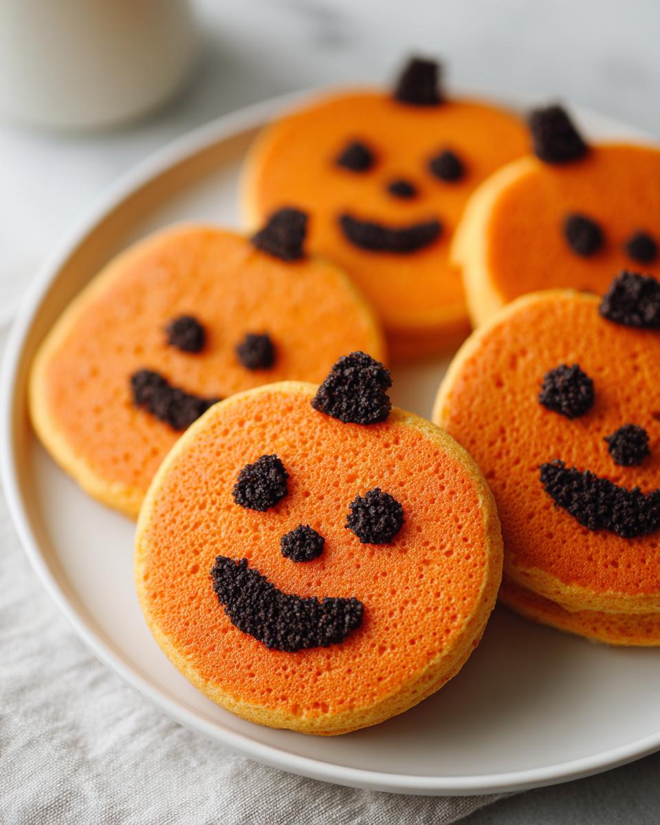 Close-up of orange pumpkin pancakes decorated with black icing for Halloween breakfast ideas.