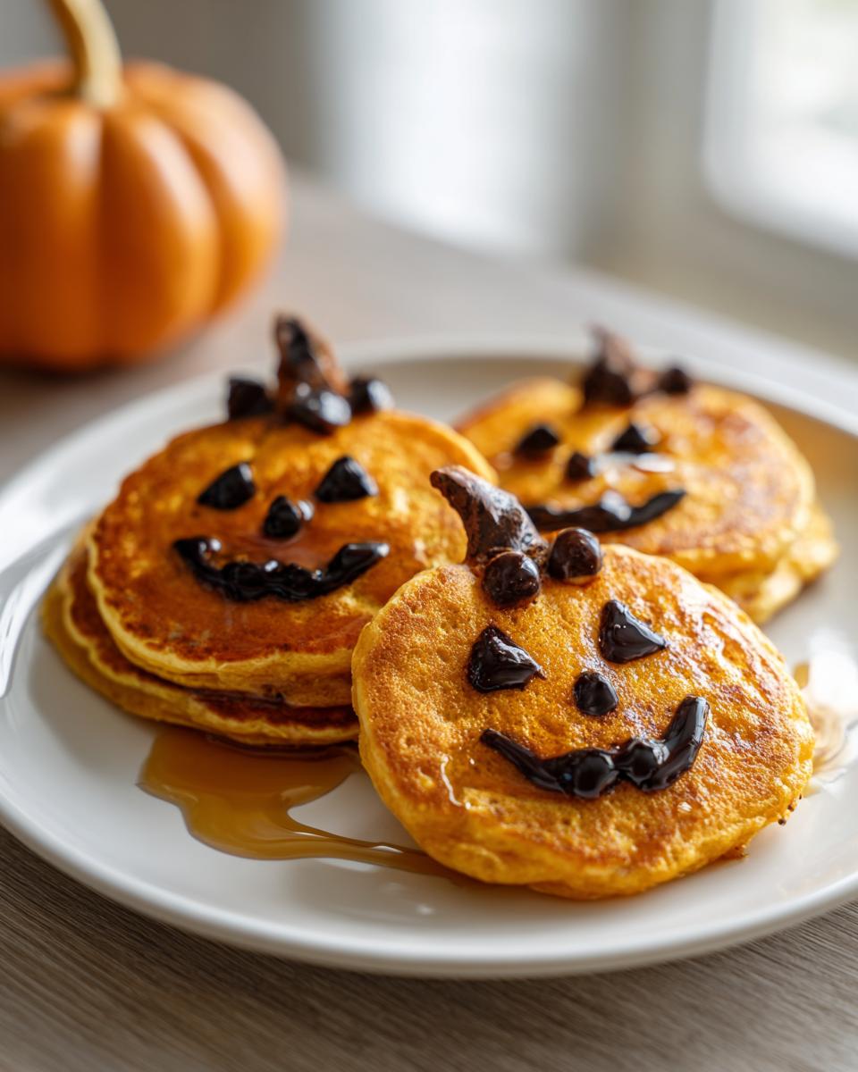Cute pumpkin-shaped pancakes decorated with chocolate chips for Halloween breakfast ideas for kids, drizzled with syrup.