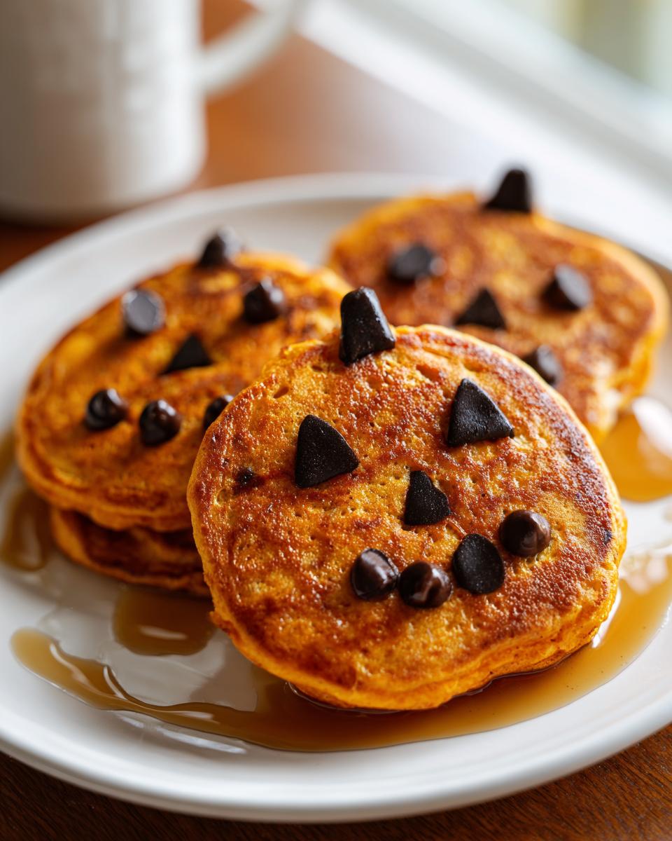 Three pumpkin-shaped pancakes decorated with chocolate chips to look like jack-o'-lanterns, part of Halloween breakfast ideas for kids.