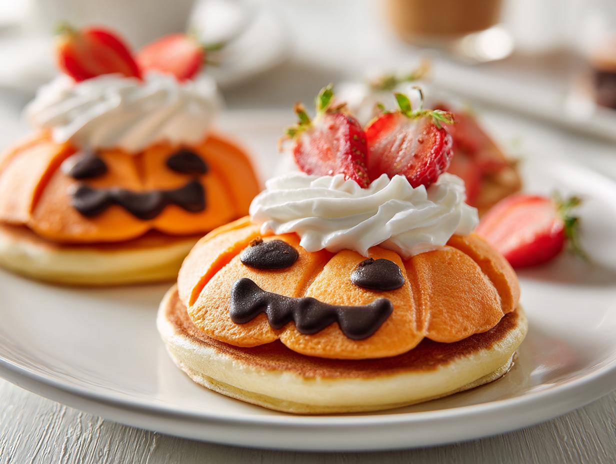 Close-up of two pumpkin-shaped pancakes decorated with chocolate faces and whipped cream, perfect for Halloween breakfast ideas for kids.
