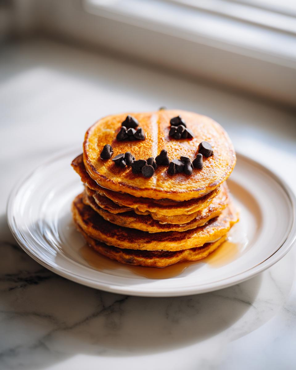 A stack of pumpkin pancakes decorated with chocolate chips to look like a jack-o'-lantern face, perfect for a Halloween breakfast.