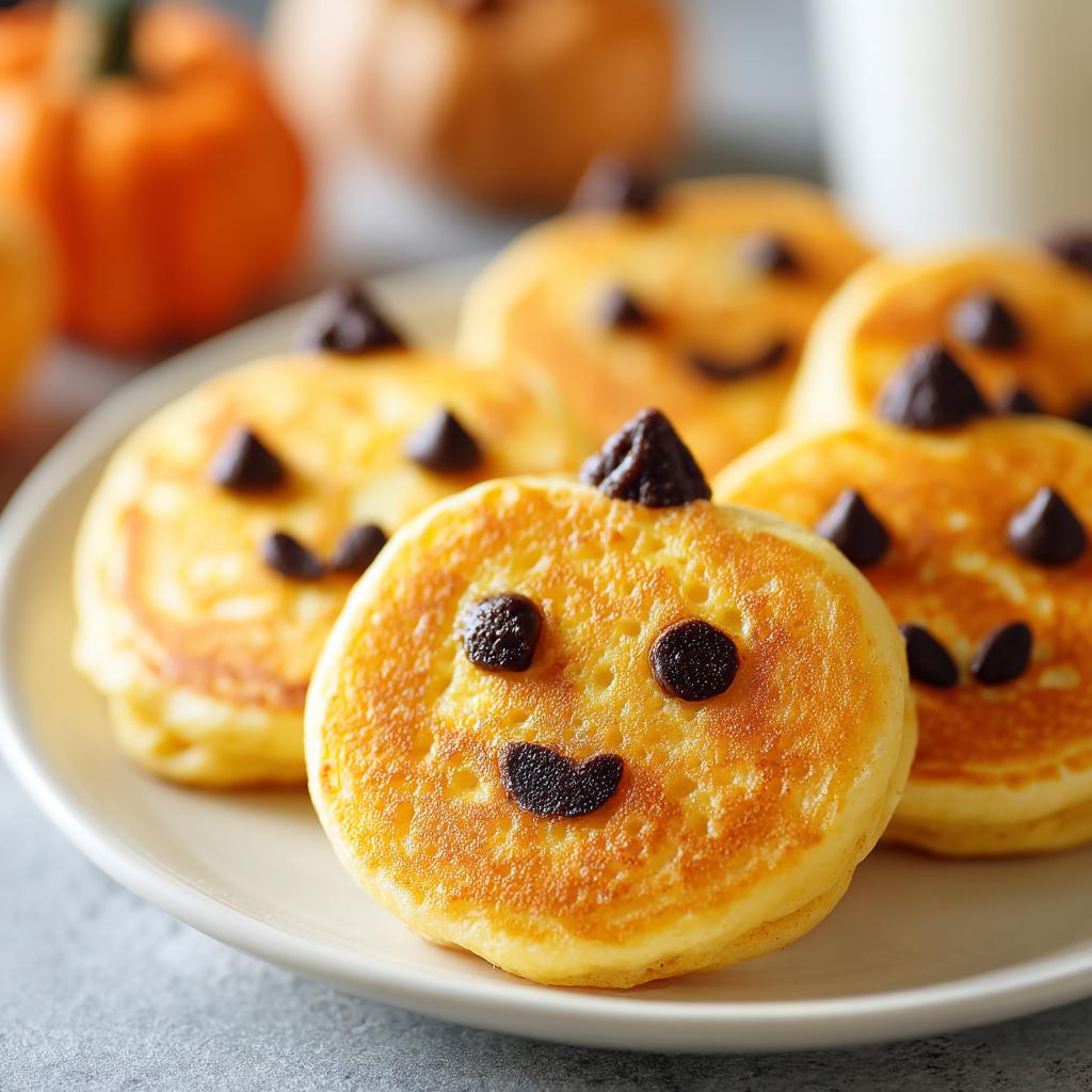 Close-up of mini pumpkin pancakes decorated with chocolate chips for Halloween breakfast ideas for kids.