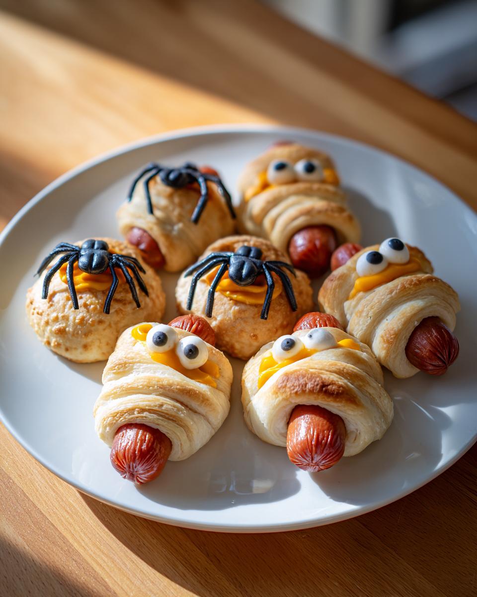 Plate of mummy hot dogs with candy eyes and spider decorations, perfect for Halloween dinner ideas.