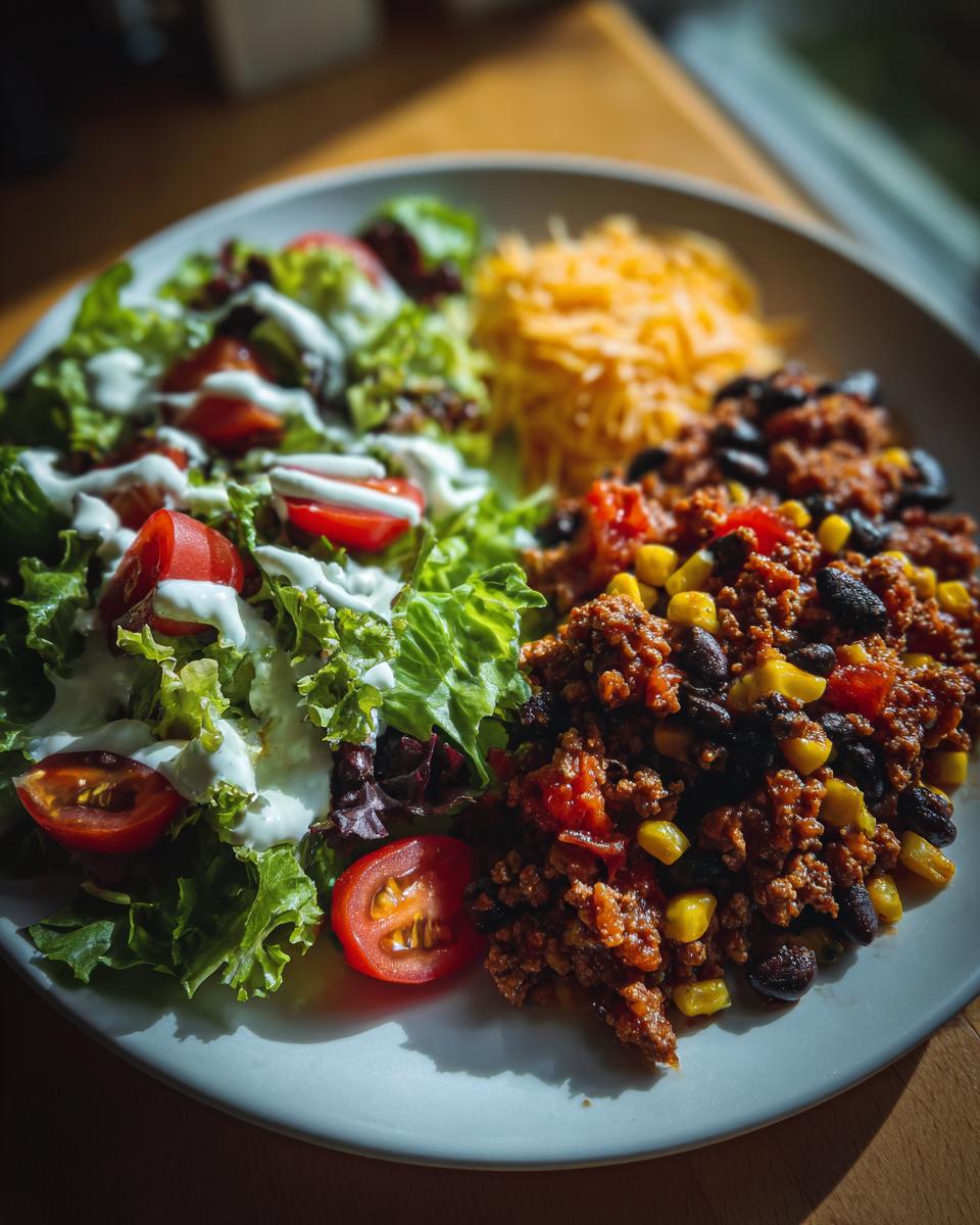 A plate with a Halloween dinner featuring a salad, seasoned ground meat with beans and corn, and shredded cheese.