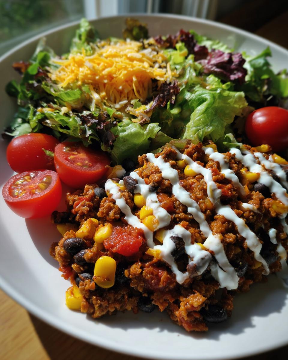 A close-up of a delicious halloween dinner featuring taco meat with corn and beans, drizzled with sour cream, served with a side salad and cherry tomatoes.