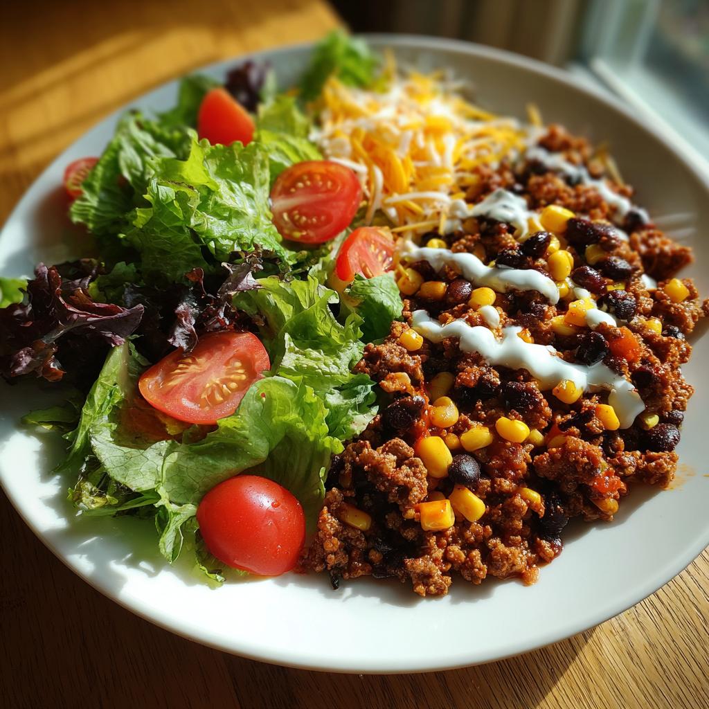 A delicious and colorful taco salad, perfect for a Halloween dinner, with ground meat, beans, corn, lettuce, tomatoes, and cheese.