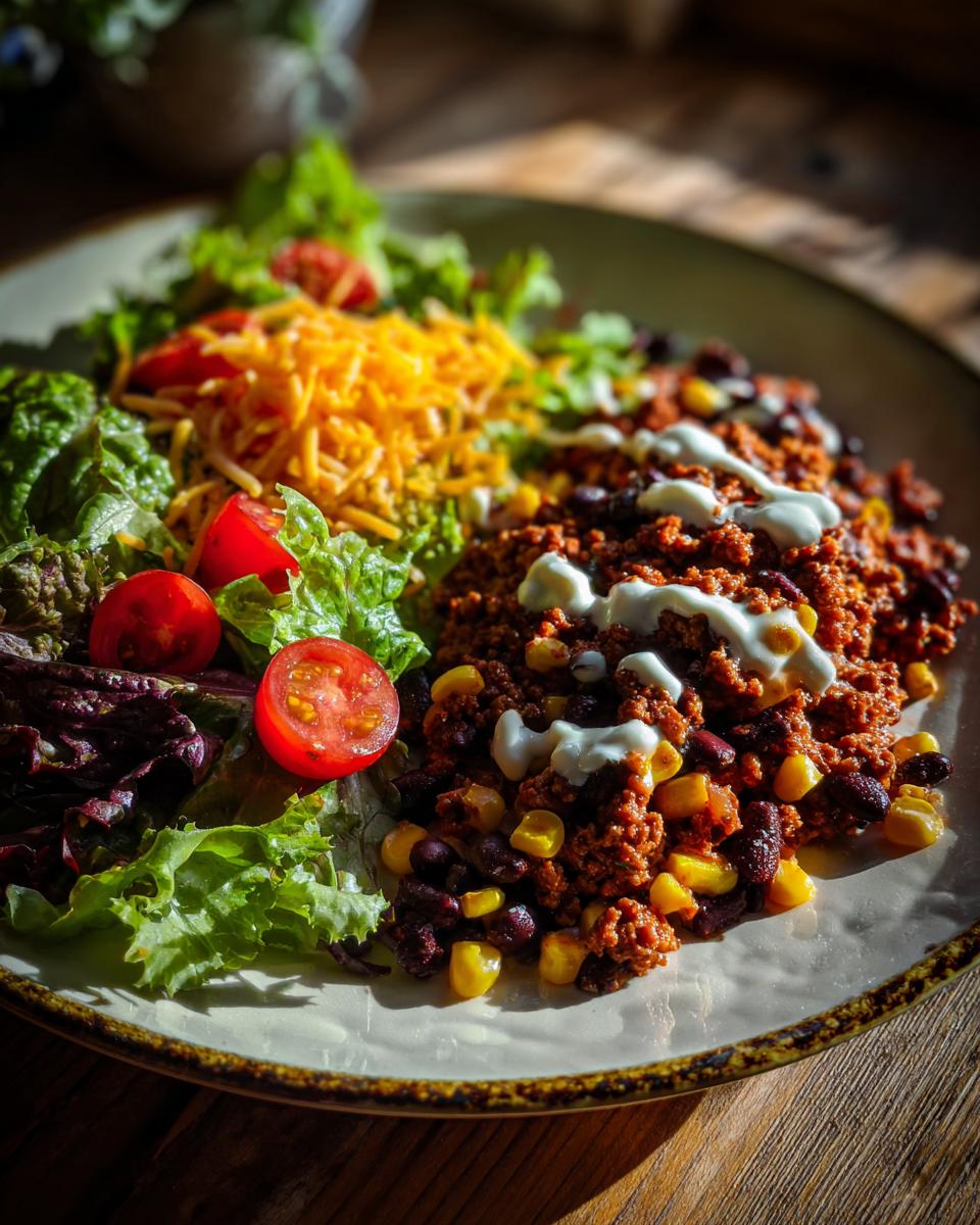 A colorful taco salad with seasoned ground beef, black beans, corn, shredded cheese, lettuce, and cherry tomatoes, perfect for a Halloween dinner.
