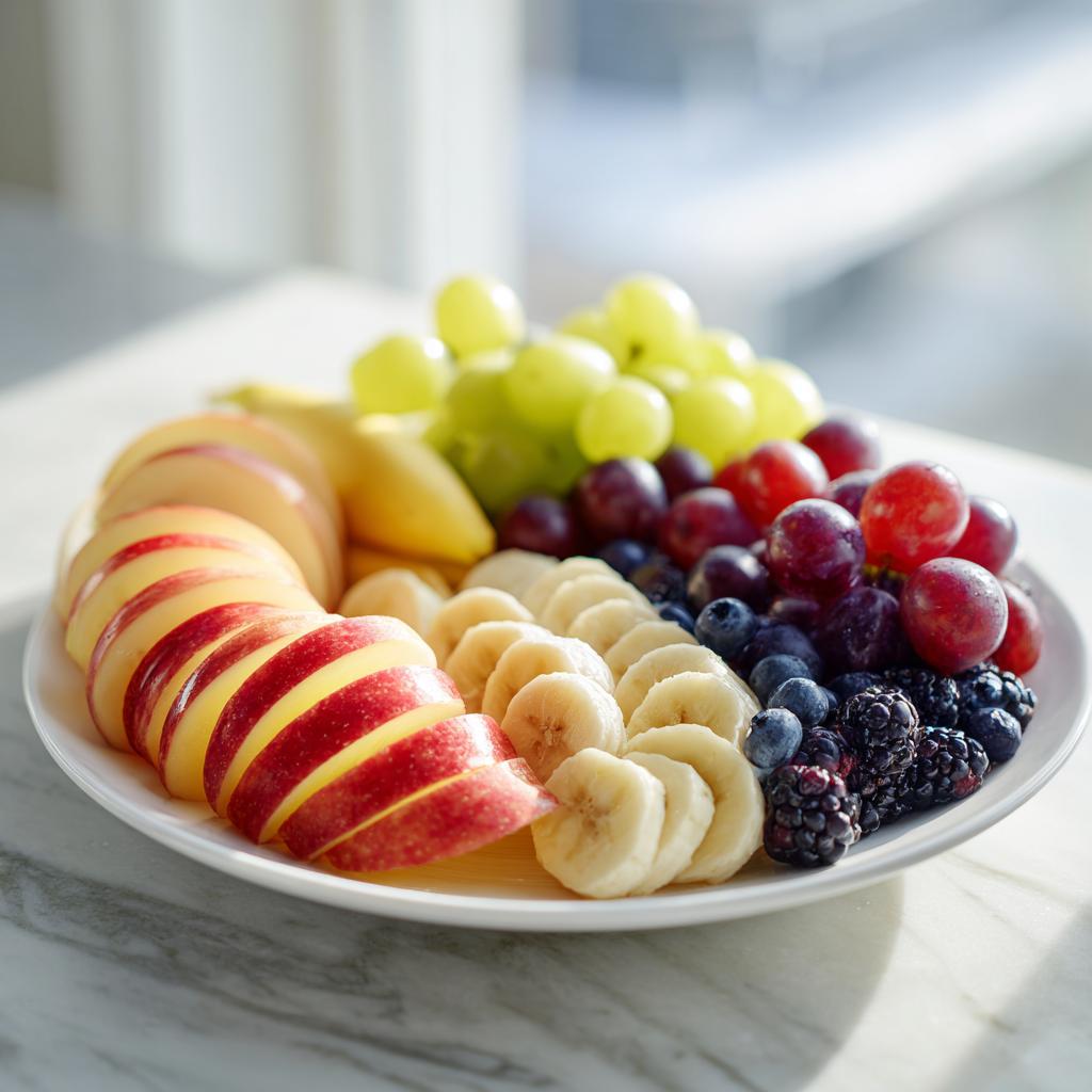 A vibrant platter of Halloween fruit including sliced apples, bananas, blueberries, blackberries, and grapes.