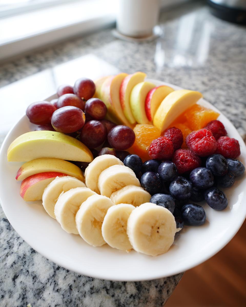A colorful and refreshing platter of halloween fruit, including sliced bananas, blueberries, raspberries, grapes, oranges, and apples.