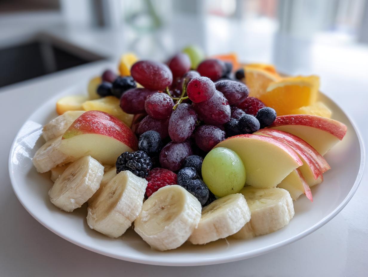 A white plate filled with a vibrant assortment of fresh halloween fruit, including grapes, bananas, apples, blueberries, and oranges.