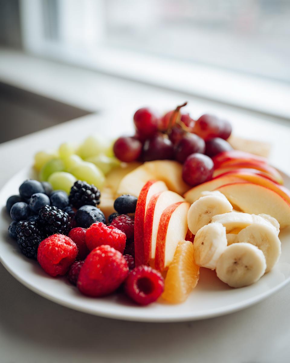 A colorful platter of fresh halloween fruit including grapes, apples, bananas, blueberries, raspberries, and blackberries.