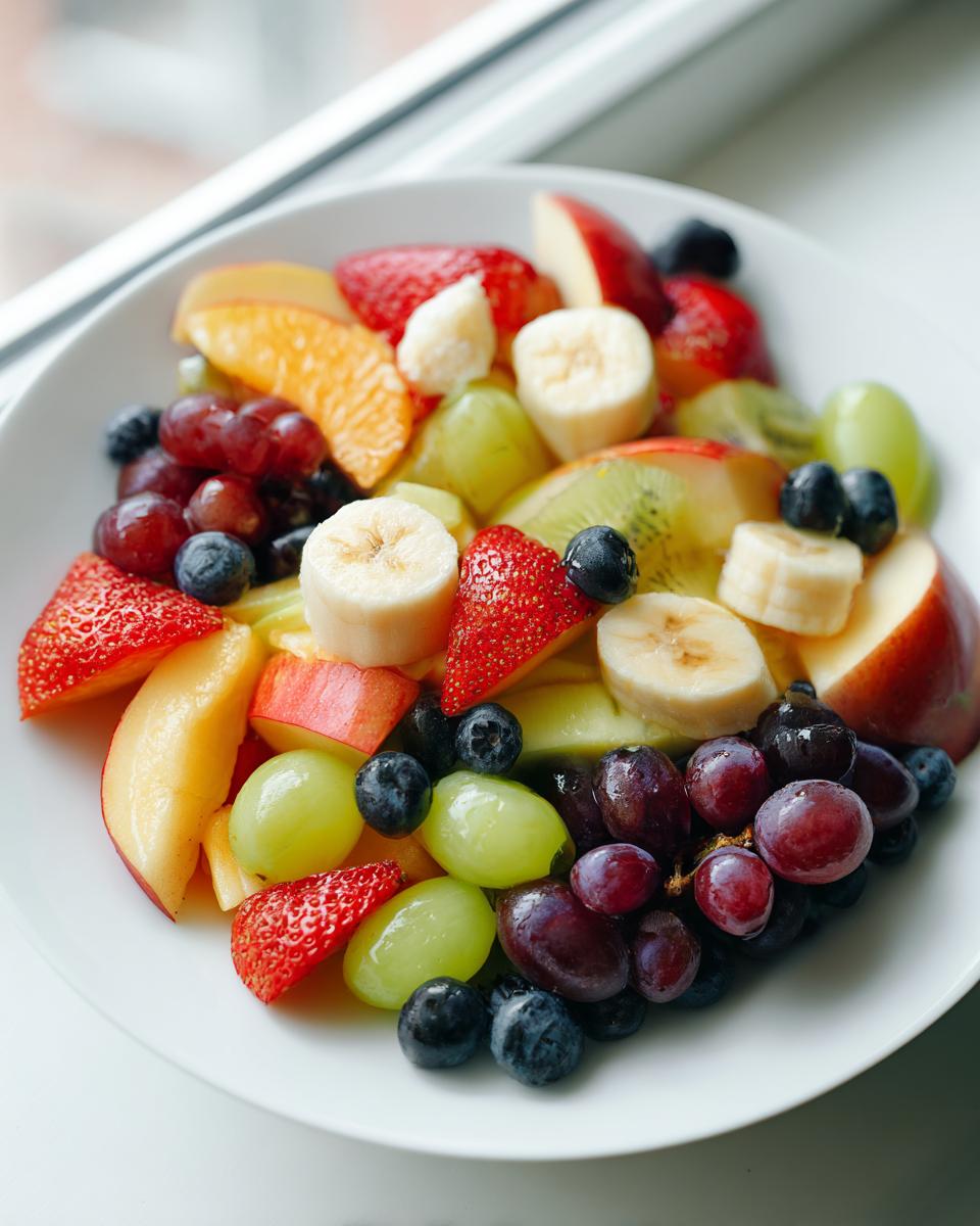 A vibrant bowl of halloween fruit salad featuring strawberries, blueberries, grapes, bananas, oranges, and kiwi.