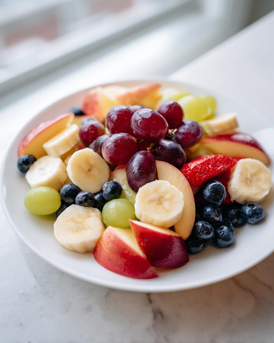A vibrant bowl of halloween fruit salad featuring sliced bananas, red grapes, green grapes, blueberries, and apple slices.