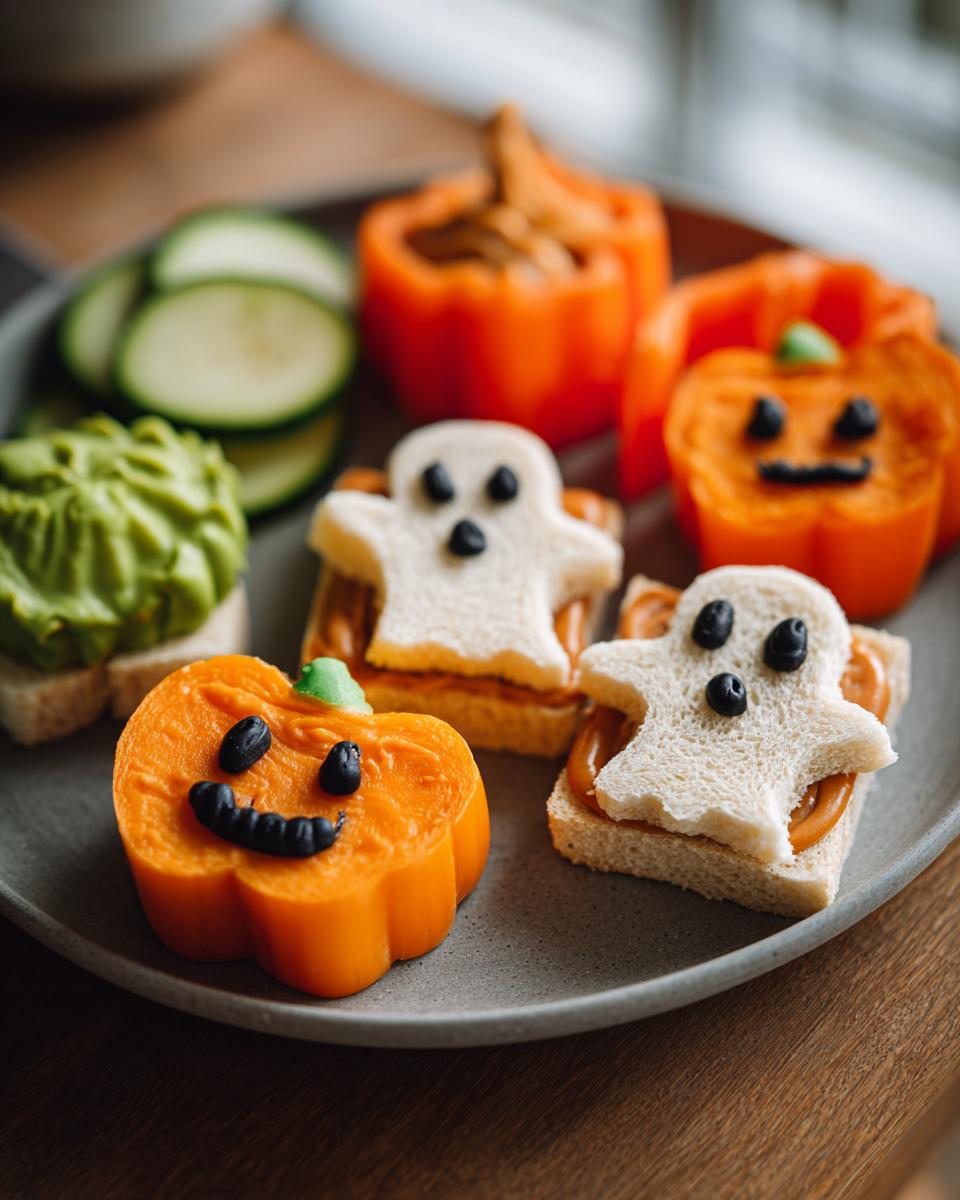 A plate of fun Halloween lunch snacks for kids, including ghost-shaped sandwiches and pumpkin-shaped cheese.