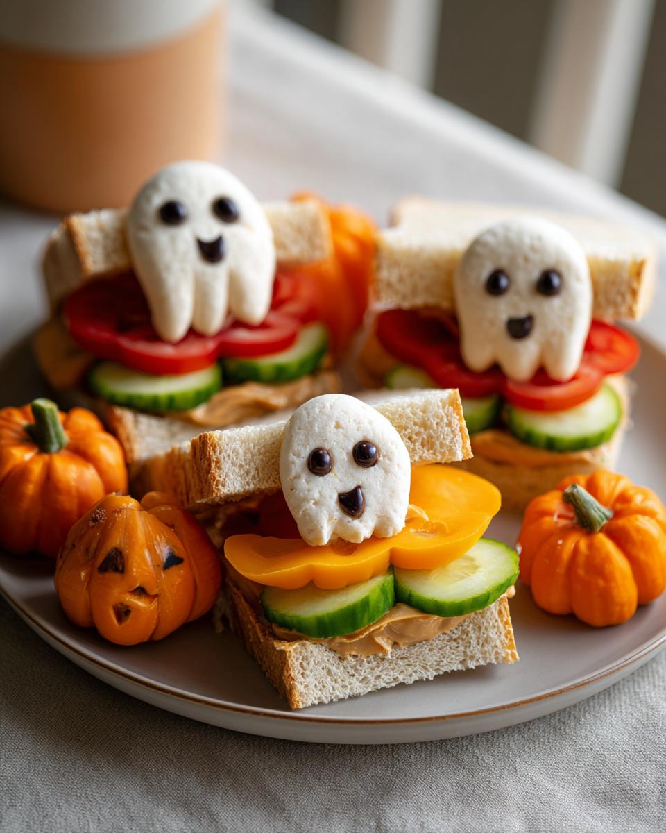 Cute ghost-shaped cheese sandwiches with peanut butter, cucumber, and tomato for a fun Halloween lunch.