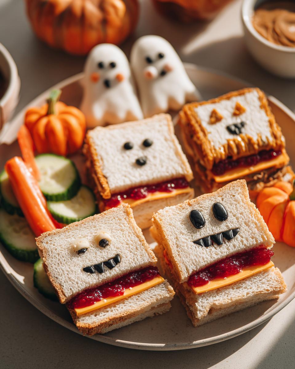 Creative Halloween lunch sandwiches decorated with faces, served with cucumber slices and carrot sticks.