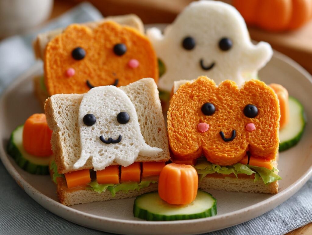 Adorable pumpkin and ghost-shaped sandwiches for a fun Halloween lunch for kids, decorated with candy eyes and smiles.
