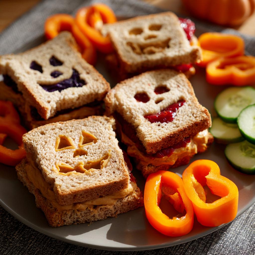 Four spooky Halloween lunch sandwiches with jack-o'-lantern faces cut out, served with sliced bell peppers and cucumbers.