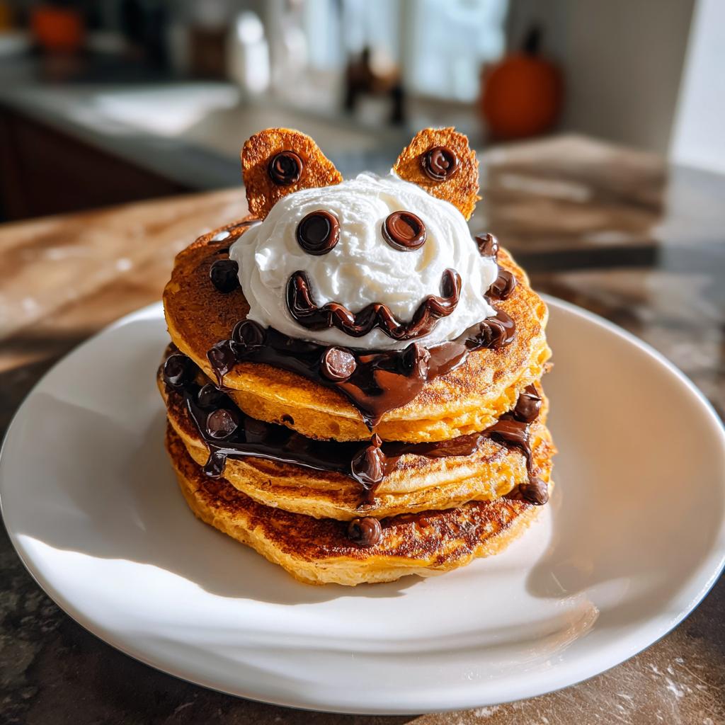 Stack of Halloween pancakes decorated as a ghost face with whipped cream, chocolate chips, and syrup.