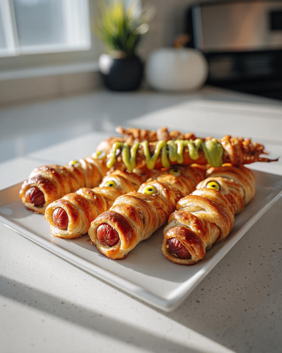 Mummy hot dogs with candy eyes, a fun and creative addition to Halloween potluck ideas.