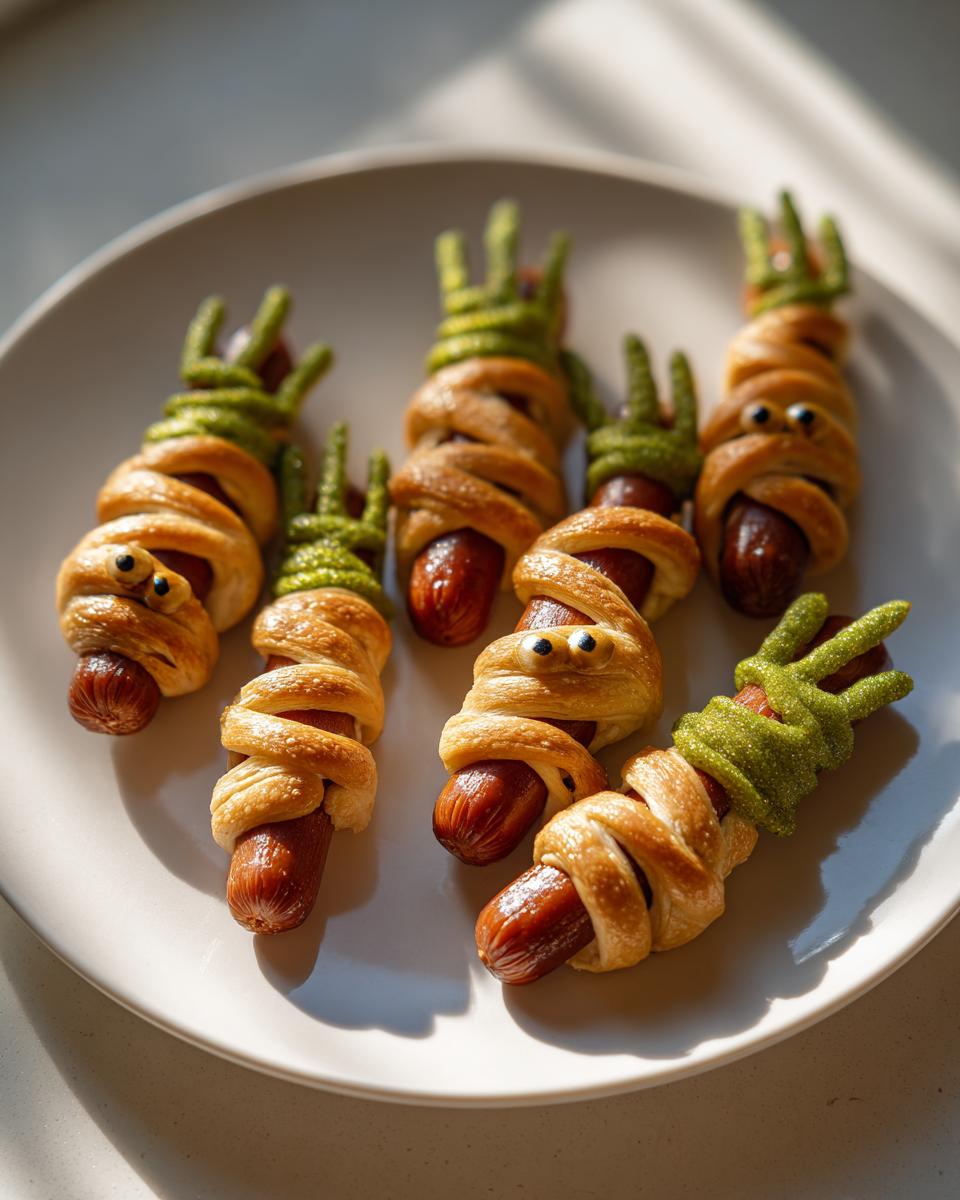 Mummy hot dogs with candy eyes and green dough 'hair' arranged on a white plate, perfect for Halloween potluck ideas.