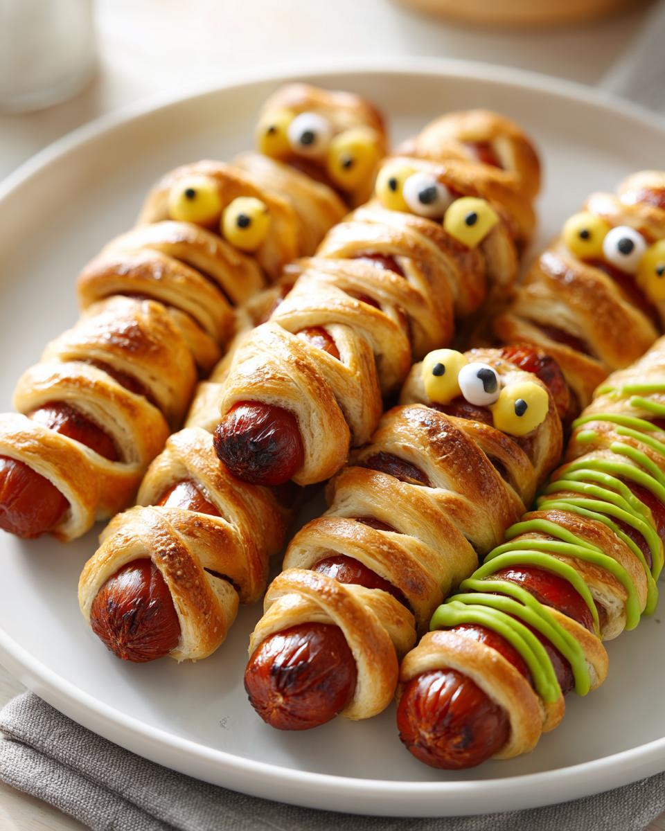 Mummy hot dogs with candy eyes and green icing, perfect for Halloween potluck ideas.