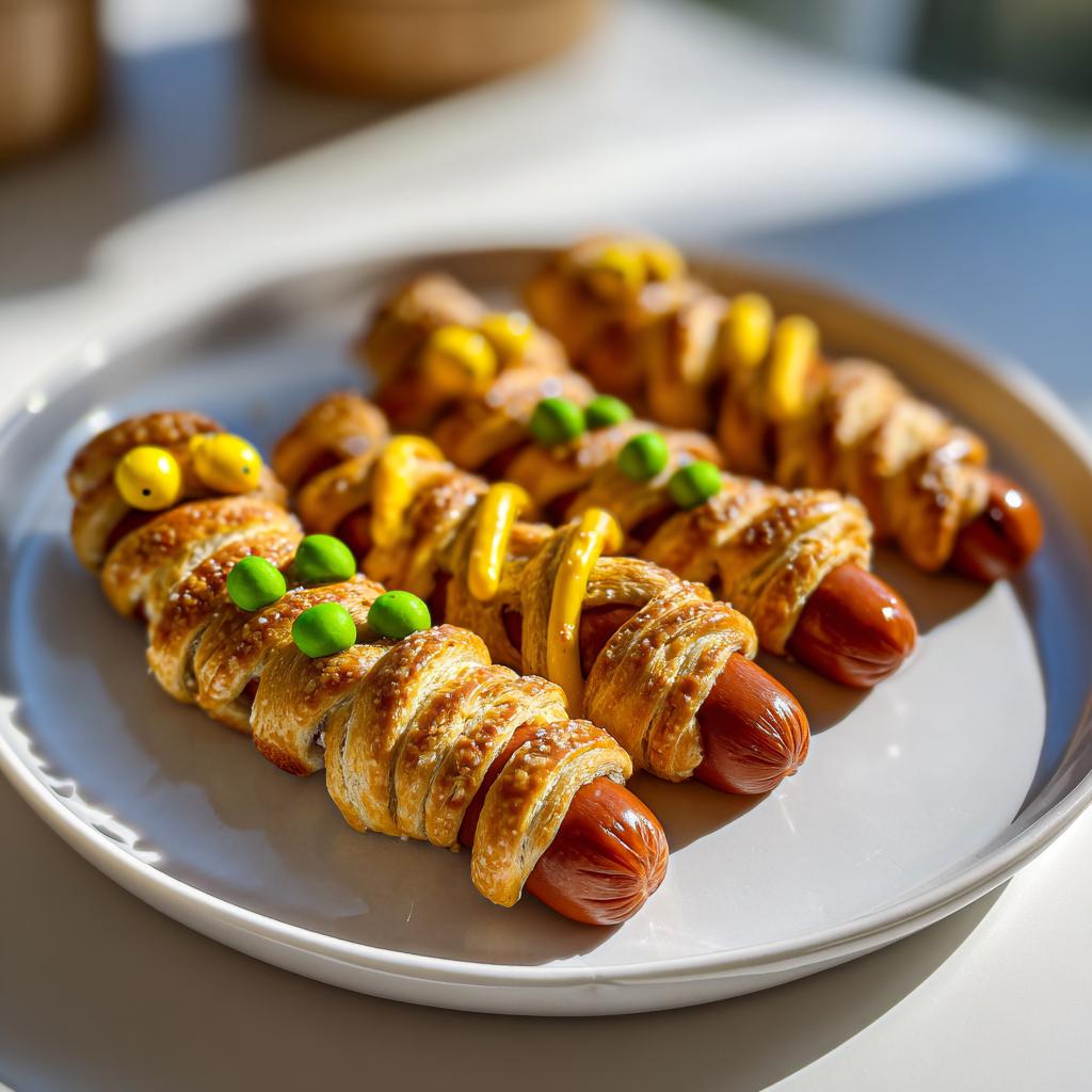 Mummy hot dogs wrapped in pastry with mustard and candy eyes, perfect for Halloween potluck ideas.