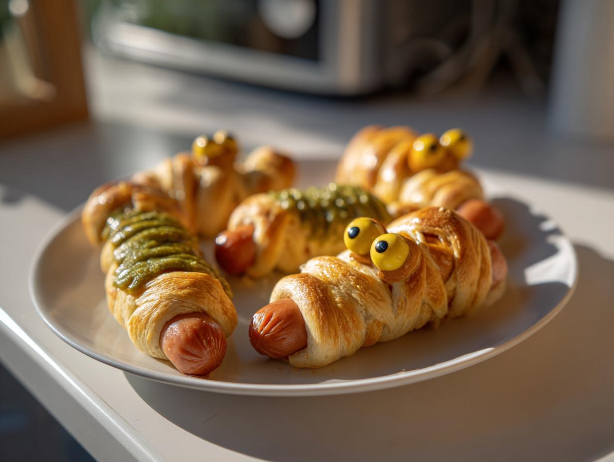 Plate of adorable worm-shaped hot dogs wrapped in pastry, perfect for Halloween potluck ideas.