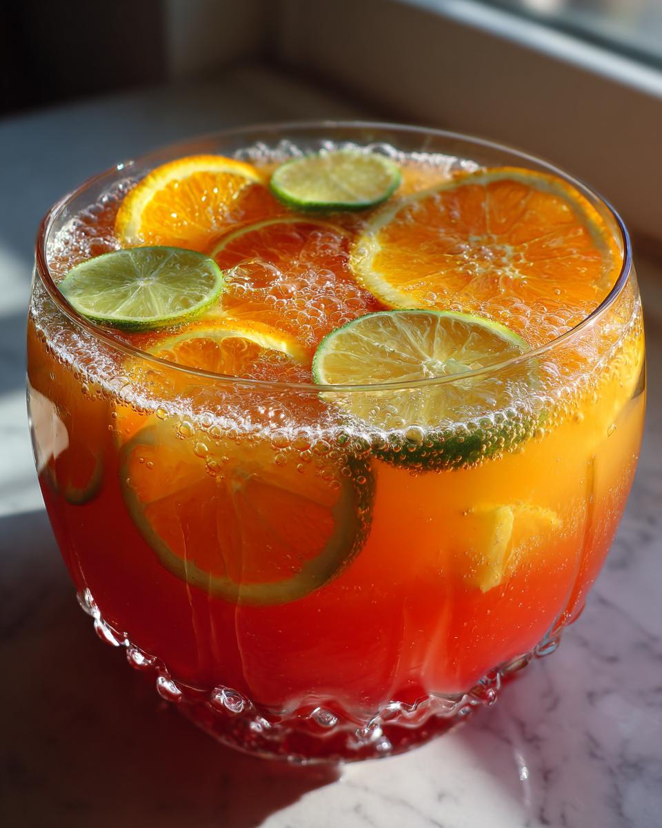 A close-up of a festive Halloween punch in a glass bowl, garnished with bright orange slices and green lime slices.