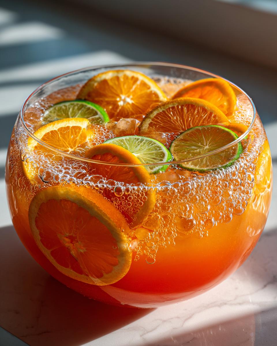 A large glass bowl filled with bubbly orange halloween punch, garnished with slices of oranges and limes.