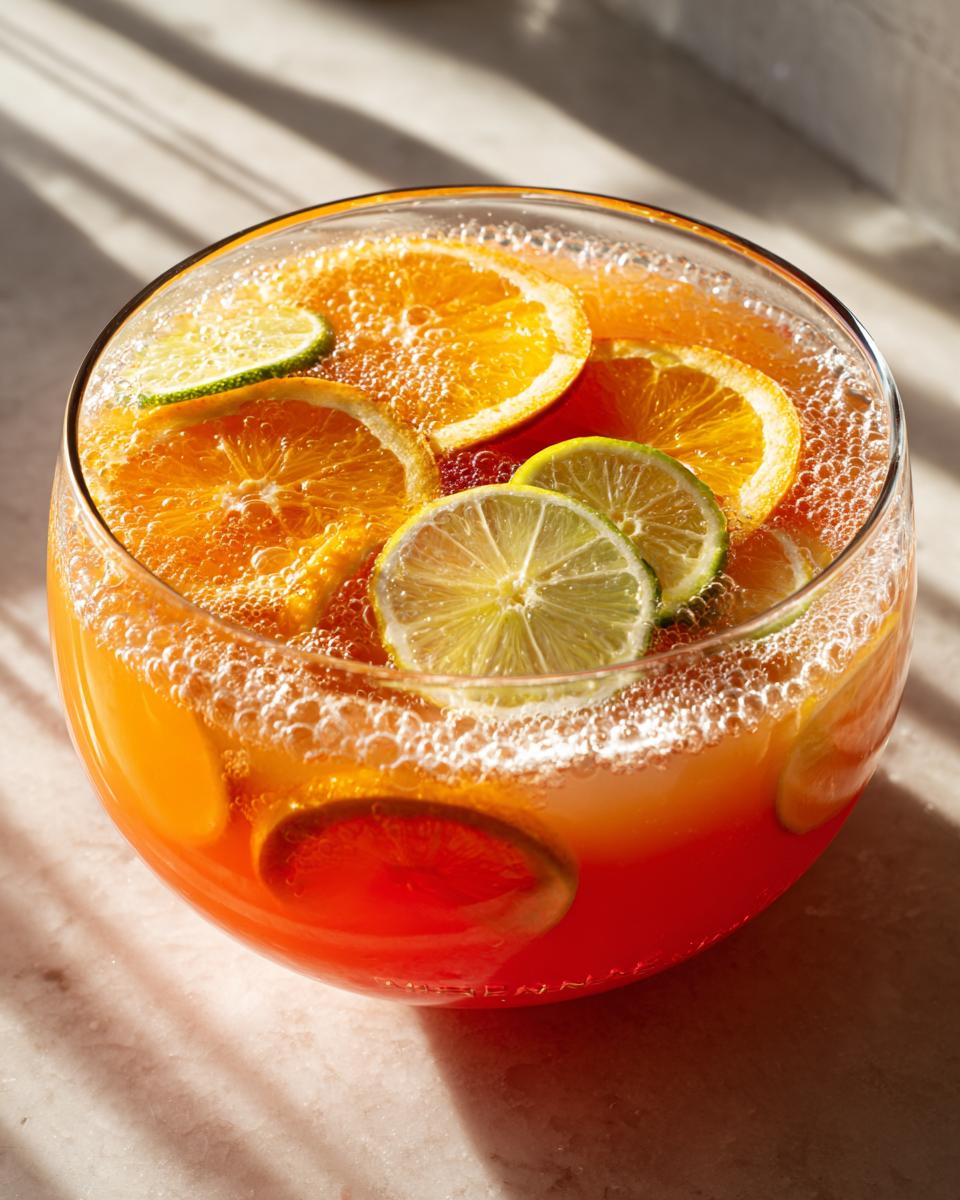 A large glass bowl filled with vibrant orange halloween punch, garnished with slices of oranges and limes.